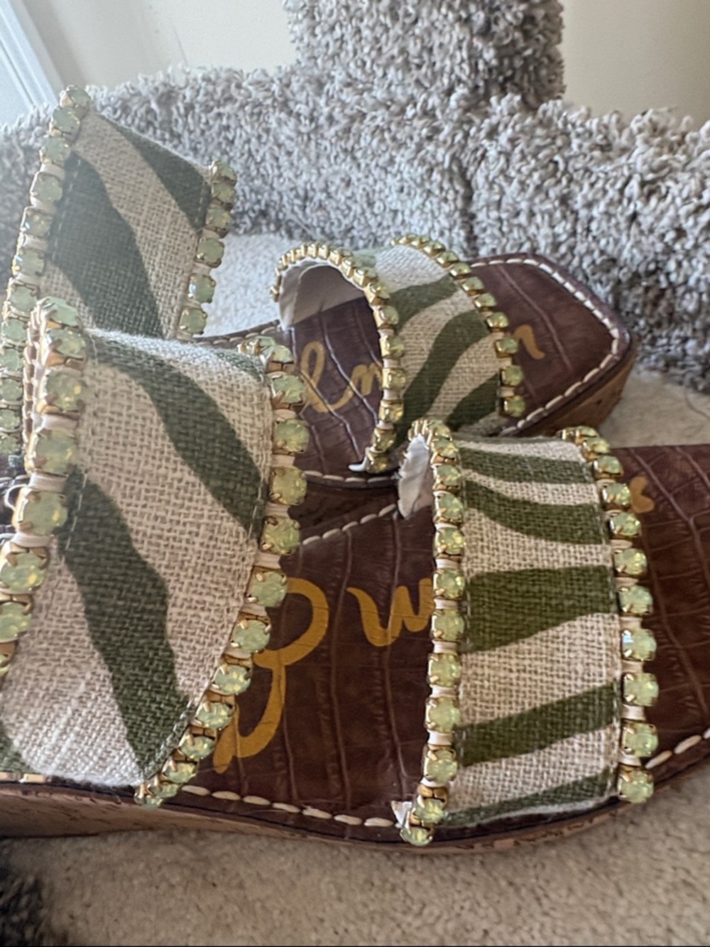 Sam Edelman Green & White Bejeweled Platform Slide Wedges - Picture 4 of 5